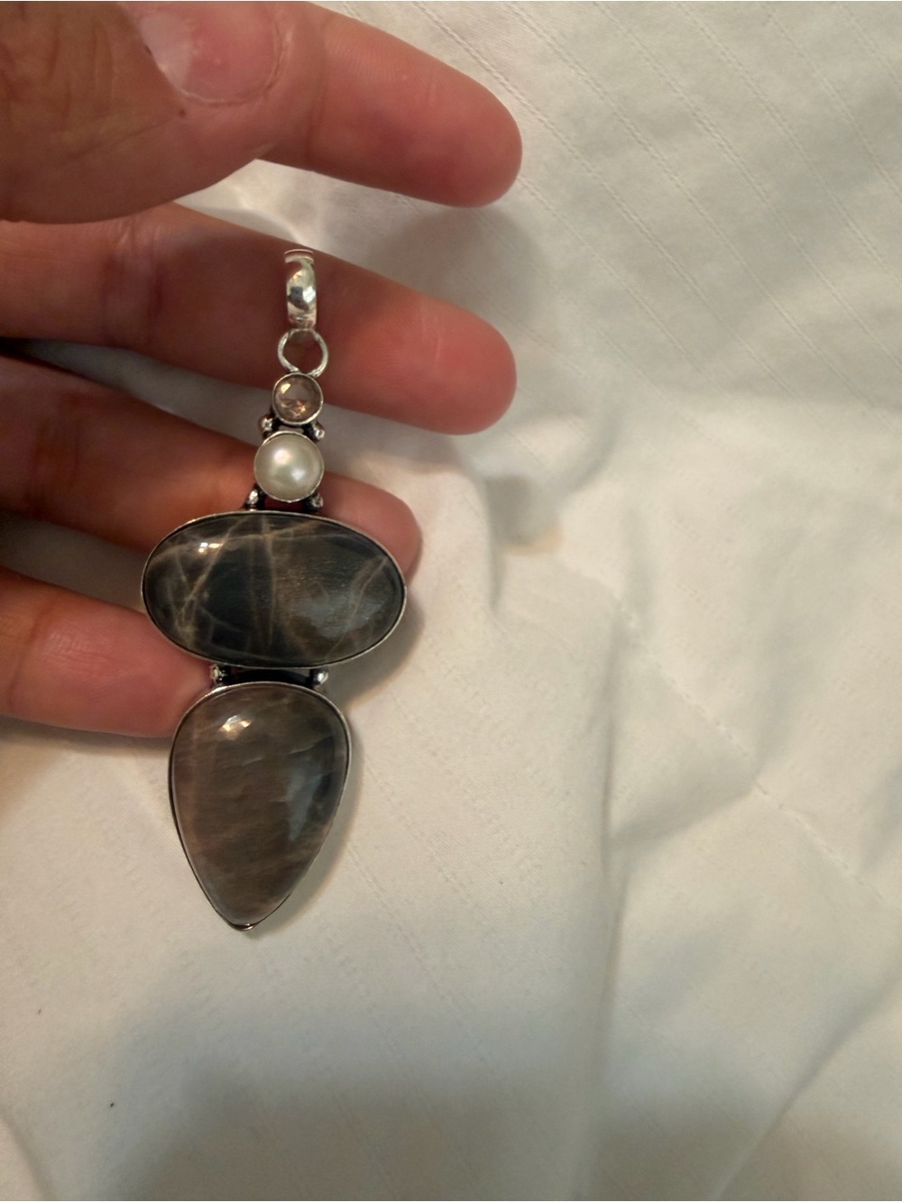 Sterling Silver Gray Moonstone and Pearl Pendant Necklace - Elegant Gray Tones